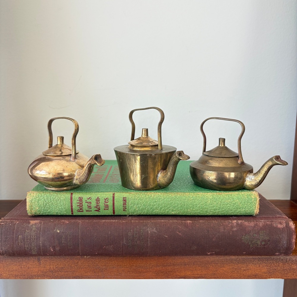 Vintage Miniature Brass Teapot Set of 3 Made in India Decorative Tiny Kettles